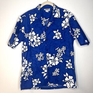 Pacific Legends Apparel Vintage Mens Blue White Hibiscus Hawiian Shirt large